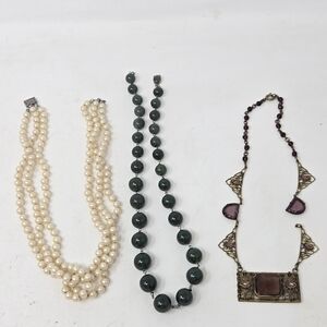 Czech Art Deco Purple Glass Brass Filigree Faceted Stone *Repair* Necklace